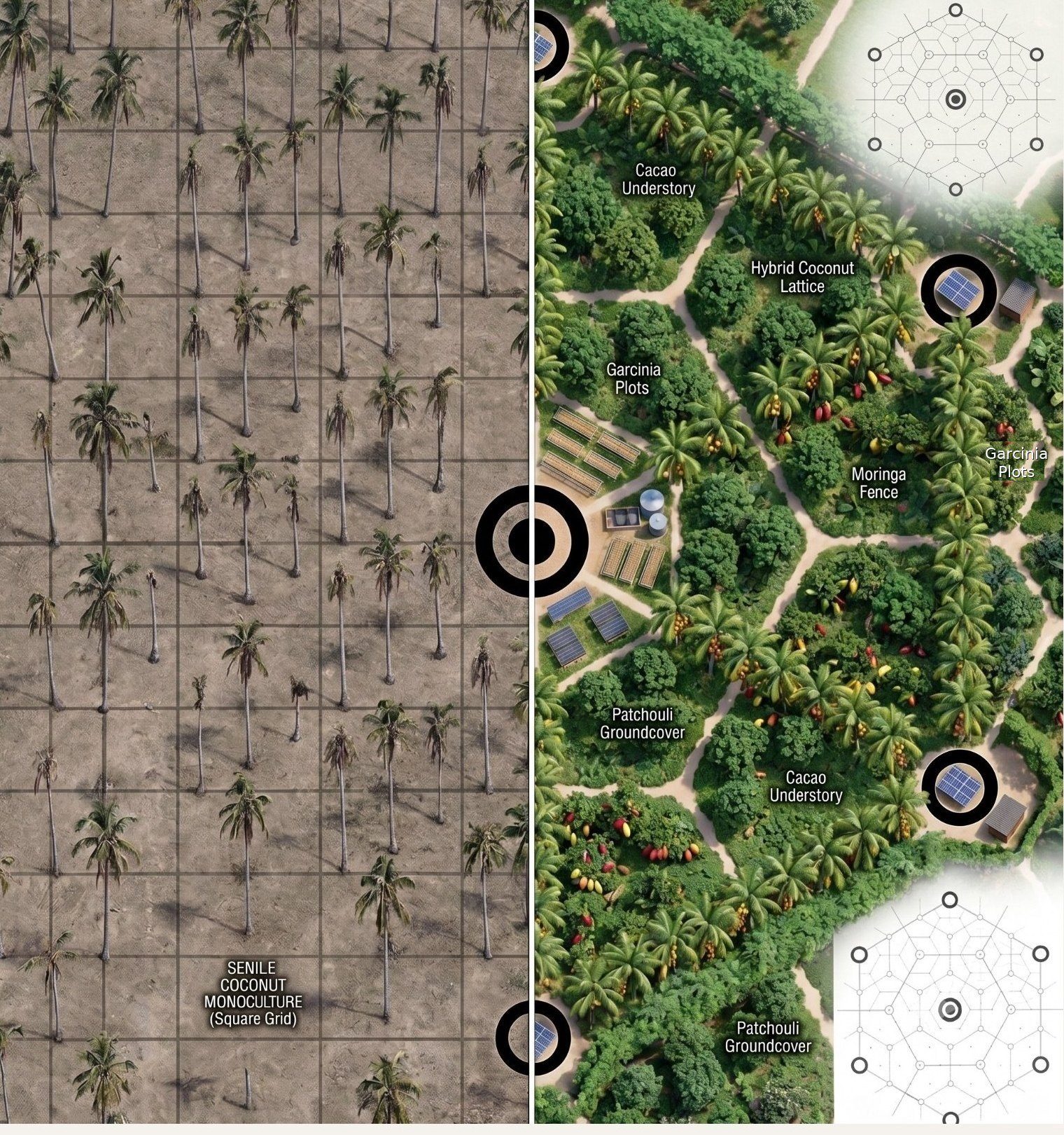 Aerial view: senile coconut monoculture on bare ground