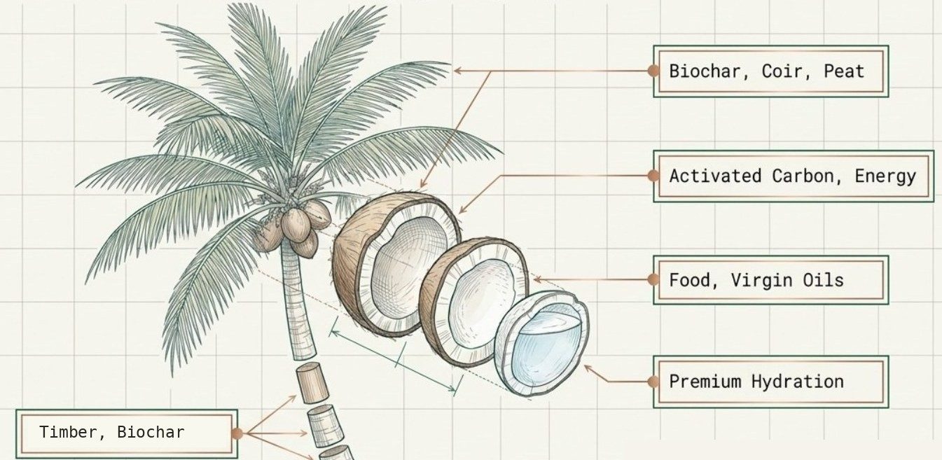 Botanical drawing of a coconut palm and nut in exploded view, each layer labelled with what it becomes