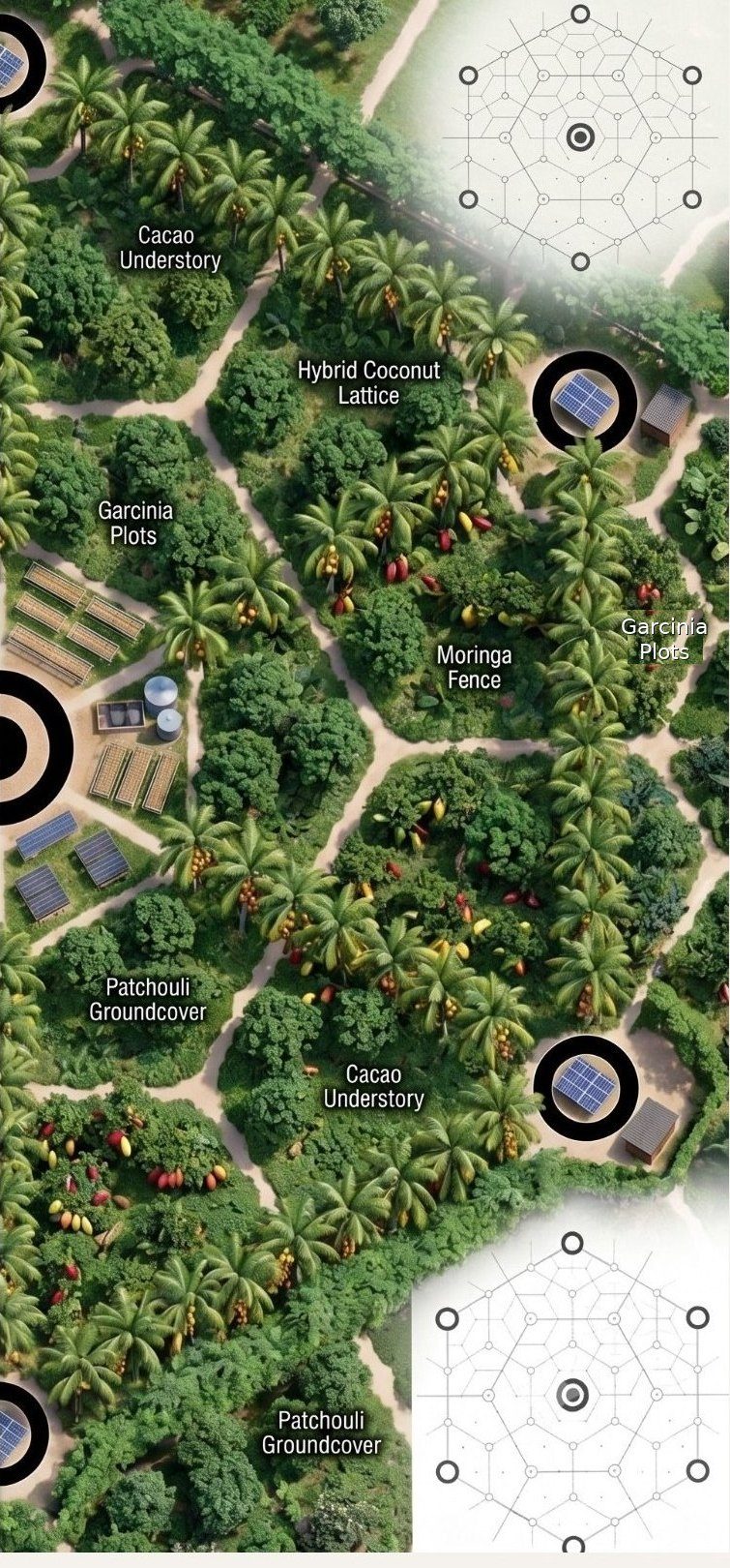 Aerial illustration of land rebuilt as a layered canopy of palms, cacao, moringa and ground cover