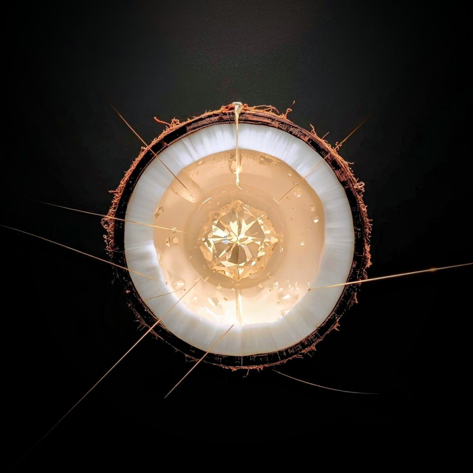 A halved coconut with a cut diamond at its centre