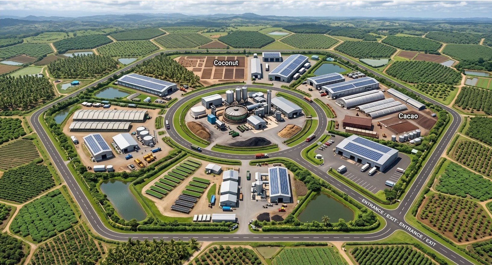 Concept aerial of a shared processing facility surrounded by rebuilt plantations
