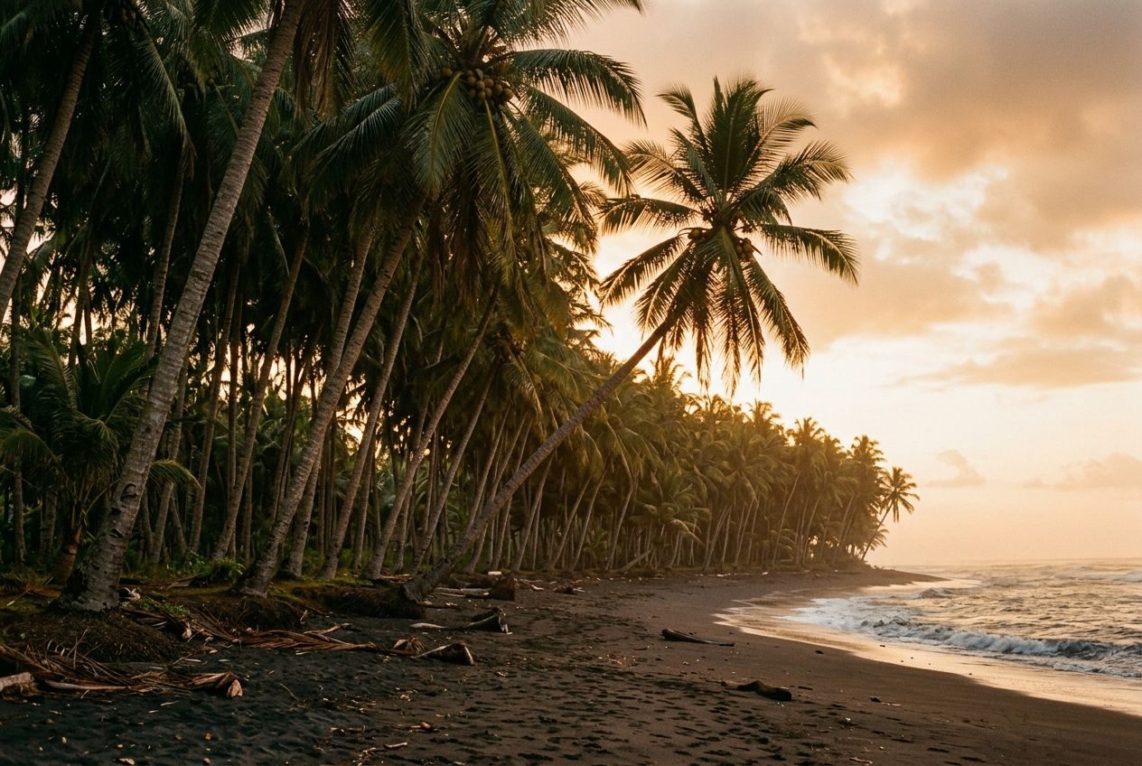 Palms leaning over a black-sand shore at dawn